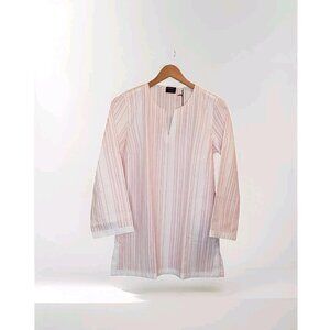 UNTUCKit Women Durfort Popover Tunic 100% Cotton White & Highlighter Pink Stripe